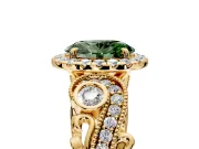 Milgrain Halo Engagement Ring Setting for Fancy Green Oval Center with Shoulder Bezels and Prong Head in Yellow Gold