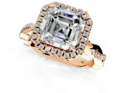 Halo Engagement Ring Setting for Asscher Cut Center with Pave and Plain Twist Band and Prong Head in Rose Gold