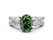 3 Stone Engagement Ring Setting for Fancy Green Oval Center with Pave Split Shank and Prong Head in Platinum
