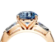 3 Stone Engagement Ring Setting for Fancy Blue Round Cut Center with Tapered Baguettes, Plain Band and Prong Head in Rose Gold