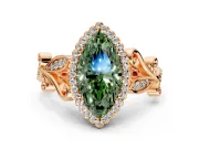 Halo Engagement Ring Setting for Fancy Green Marquise Center with Leaf Motif Split Shank and Prong Head in Rose Gold