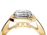 Bezel-Framed Halo Engagement Ring Setting for Asscher Cut Center with Pave Band and Prong Head in Yellow Gold