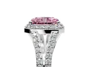 Halo Engagement Ring Setting for Fancy Pink Radiant Cut Center with Pave Split Shank and Prong Head in Sterling Silver