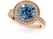 Halo Engagement Ring Setting for Fancy Blue Round Cut Center with Milgrain Halo, Pave Band and Prong Head in Rose Gold