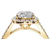 Halo Engagement Ring Setting for Cushion Cut Center with Raised Halo, Pave Band and Prong Head in Yellow Gold