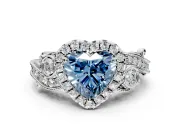 Milgrain Halo Engagement Ring Setting for Fancy Blue Heart-Shaped Center with Shoulder Bezels and Prong Head in White Gold