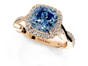 Halo Engagement Ring Setting for Fancy Blue Cushion Cut Center with Twist Band and Prong Head in Rose Gold