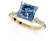 Solitaire Engagement Ring Setting for Fancy Blue Princess Cut Center with Alternating Size Accents and Prong Head in Yellow Gold