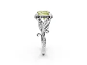 Halo Engagement Ring Setting for Fancy Yellow Princess Cut Center with Leaf Motif Split Shank and Prong Head in Sterling Silver