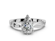 Solitaire Engagement Ring Setting for Pear-Shaped Center with Carved Leaf Shoulders and Prong Head in White Gold