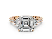 3 Stone Engagement Ring Setting for Asscher Cut Center with Round Cut Side Accents and Prong Head in Rose Gold