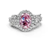 Milgrain Halo Engagement Ring Setting for Fancy Pink Oval Center with Shoulder Bezels and Prong Head in Platinum