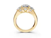 3 Stone Engagement Ring Setting for Princess Cut Center with Raised Basket Heads and Prong Head in Yellow Gold