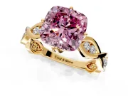 Solitaire Engagement Ring Setting for Fancy Pink Cushion Cut Center with Accented Twist Band and Leaf Prong Head in Yellow Gold