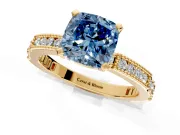 Solitaire Engagement Ring Setting for Fancy Blue Cushion Cut Center with Milgrain-Edged Pave Band and Prong Head in Yellow Gold