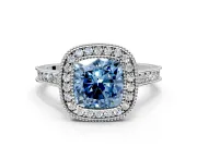 Halo Engagement Ring Setting for Fancy Blue Cushion Cut Center with Milgrain Pave Band and Bezel Head in Platinum