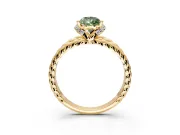 Halo Engagement Ring Setting for Fancy Green Pear-Shaped Center with Rope Twist Split Shank and Prong Head in Yellow Gold