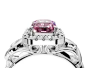 Halo Engagement Ring Setting for Fancy Pink Emerald Cut Center with Open Scroll Shoulders and Prong Head in Platinum