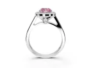 Halo Engagement Ring Setting for Fancy Pink Cushion Cut Center with Outer Bezel Rim, Pave Band and Prong Head in Platinum