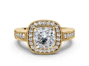 Milgrain Halo Engagement Ring Setting for Cushion Cut Center with Pave Band and Prong Head in Yellow Gold