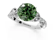 Leaf Motif Engagement Ring Setting for Fancy Green Round Cut Center with Pave Band and Prong Head in White Gold