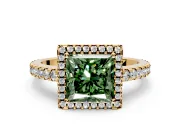 Accent Halo Engagement Ring Setting for Fancy Green Princess Cut Center with Full-Length Pave Band and Prong Head in Yellow Gold