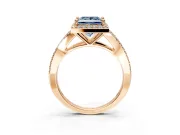 Halo Engagement Ring Setting for Fancy Blue Princess Cut Center with Pave Split Shank and Prong Head in Rose Gold