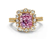 Milgrain Halo Engagement Ring Setting for Fancy Pink Radiant Cut Center with Bezel Point Accents and Prong Head in Yellow Gold