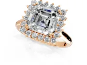 Starburst Halo Engagement Ring Setting for Asscher Cut Center with Thin Round-Wire Band and Prong Head in Rose Gold