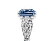 3 Stone Engagement Ring Setting for Fancy Blue Asscher Cut Center with Crossover Basket, Pave Band and Prong Head in Platinum