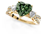 3 Stone Engagement Ring Setting for Fancy Green Heart-Shaped Center with Pave Split Shank and Prong Head in Yellow Gold