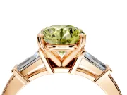3 Stone Engagement Ring Setting for Fancy Yellow Round Cut Center with Channel Baguette Accents and Prong Head in Rose Gold