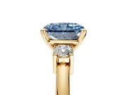 3 Stone Engagement Ring Setting for Fancy Blue Radiant Cut Center with Wide Plain Band and Prong Head in Yellow Gold