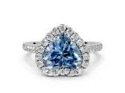 Halo Engagement Ring Setting for Fancy Blue Heart-Shaped Center with Narrowing Pave Band and Prong Head in White Gold