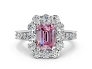 Halo Engagement Ring Setting for Fancy Pink Emerald Cut Center with Milgrain Channel Band and Prong Head in White Gold