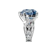 3 Stone Engagement Ring Setting for Fancy Blue Heart-Shaped Center with Crossover Basket, Pave Band and Prong Head in Platinum