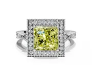 Halo Engagement Ring Setting for Fancy Yellow Princess Cut Center with Milgrain Rim, Pave Band and Prong Head in Sterling Silver