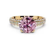 Solitaire Engagement Ring Setting for Fancy Pink Round Cut Center with Multi-Row Pave Accents and Basket Head in Yellow Gold