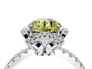 Halo Engagement Ring Setting for Fancy Yellow Round Cut Center with Openwork Halo, Pave Band and Prong Head in White Gold
