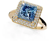 Halo Engagement Ring Setting for Fancy Blue Princess Cut Center with Plain Tapered Band and Prong Head in Yellow Gold