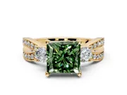 3 Stone Engagement Ring Setting for Fancy Green Princess Cut Center with Pave Twist Band and Prong Head in Yellow Gold