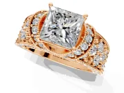 Pave Engagement Ring Setting for Princess Cut Center with Curved Accent Rows, Openwork and Prong Head in Rose Gold