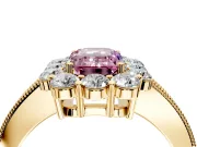 Halo Engagement Ring Setting for Fancy Pink Emerald Cut Center with Milgrain Channel Band and Prong Head in Yellow Gold