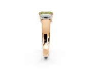 3 Stone Engagement Ring Setting for Fancy Yellow Emerald Cut Center with Raised Basket Heads and Prong Head in Rose Gold
