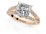 Solitaire Engagement Ring Setting for Princess Cut Center with Pave Split Shank and Prong Head in Rose Gold