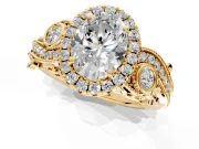 Milgrain Halo Engagement Ring Setting for Oval Center with Shoulder Bezels and Prong Head in Yellow Gold