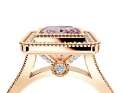 Halo Engagement Ring Setting for Fancy Pink Princess Cut Center with Milgrain Frame, Pave Band and Prong Head in Rose Gold