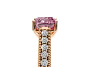 Solitaire Engagement Ring Setting for Fancy Pink Cushion Cut Center with Engraved Pave Band and Prong Head in Rose Gold