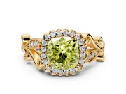 Halo Engagement Ring Setting for Fancy Yellow Cushion Cut Center with Leaf Motif Split Shank and Prong Head in Yellow Gold