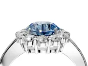 Halo Engagement Ring Setting for Fancy Blue Round Cut Center with Milgrain Channel Band and Prong Head in Platinum